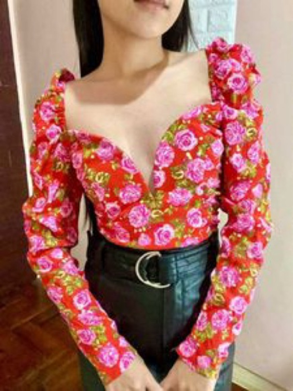 Zara floral bustier long sleeve puff shoulder blouse red pink green